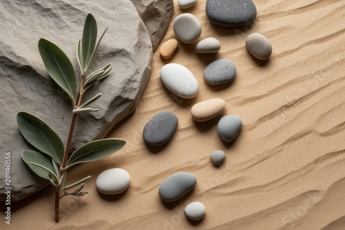 Natural Harmony Sage Twig and Pebble Rocks on Sand, Serene Botanical Background