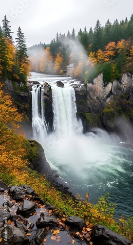 Powerful Waterfall Cascading Through Misty Autumn Forest Canyon