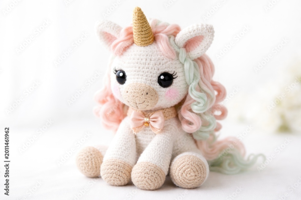 Fototapeta premium Soft white unicorn crochet doll with animal theme on bright white background