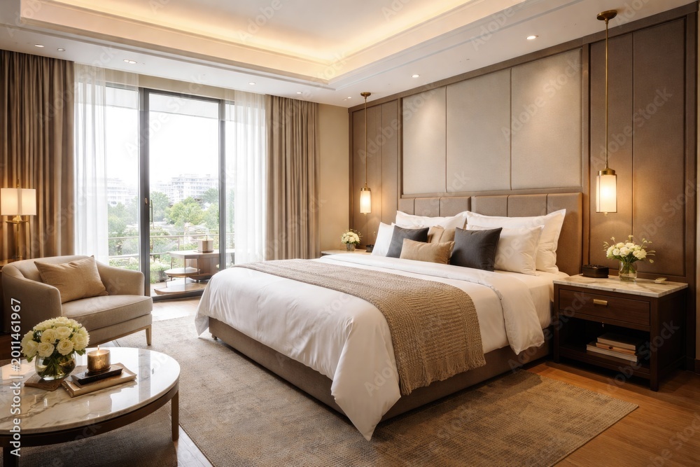 Fototapeta premium Well lit hotel room showcasing a large double bed and stylish interior