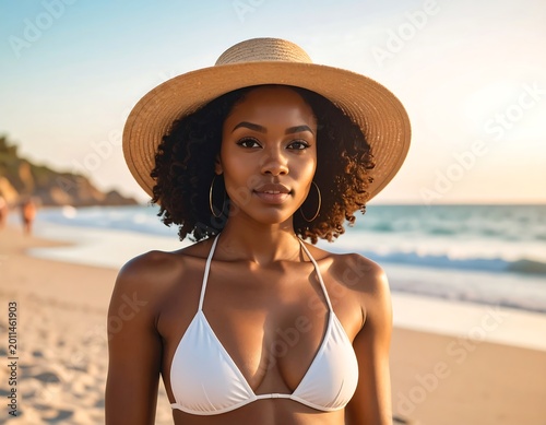 Portrait of a woman in a white bikini and hat on a sunlit beach, with gentle waves in the background