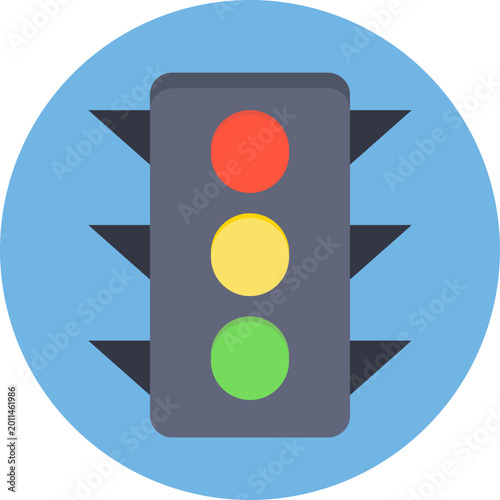 Traffic Light Icon on Circular Background, Road Safety Flat Vector Illustration
