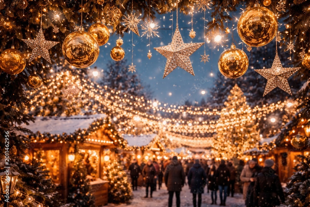 Fototapeta premium Seasonal fair celebration decorated with sparkling golden baubles and silver stars for a magical winter holiday