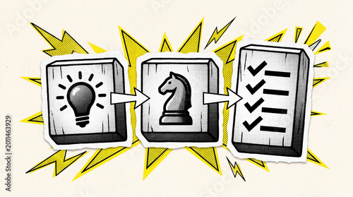 Pop Art Halftone Business Strategy Workflow Sticker Illustration, Idea, Planning and Task Completion Process in Vintage Torn Paper Collage Style