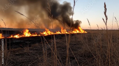 Large Wildfire Burning Across Expansive Rural Dry Field Under Blue Sky at Dusk