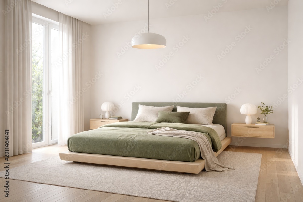 Fototapeta premium Minimalist bedroom design with a green mattress and smooth white painted walls