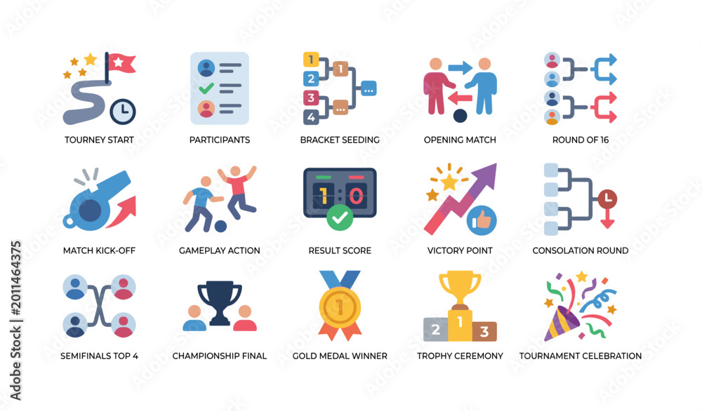Fototapeta premium Tournament icons showing match stages and awards on white background