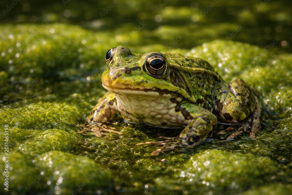 Obraz premium Macro image of a lively green frog resting on dense algae in freshwater pond