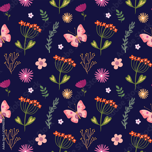 Floral seamless pattern with flowers, plants and butterflies