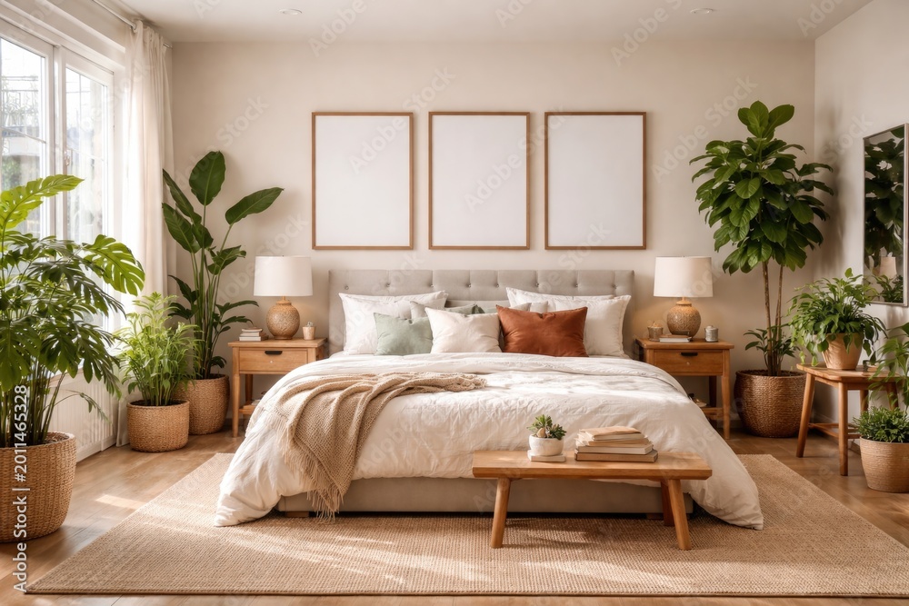 Fototapeta premium Spacious bedroom decorated with empty frames, soft pillows, and vibrant houseplants
