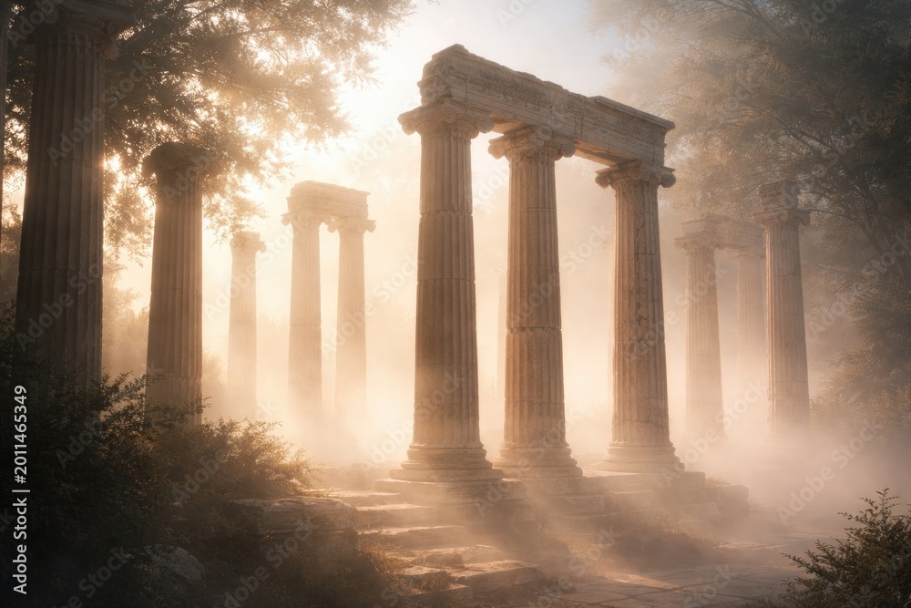 Fototapeta premium Sunlit Greek-style columns piercing through light morning fog