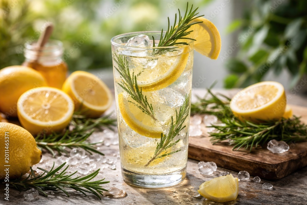 Fototapeta premium Invigorating lemon drink featuring a rosemary herb accent