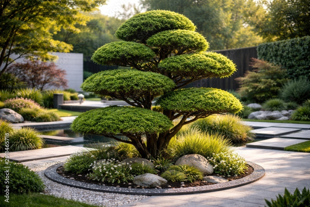 Obraz premium Ornamental Chamaecyparis obtusa enhancing modern garden aesthetics
