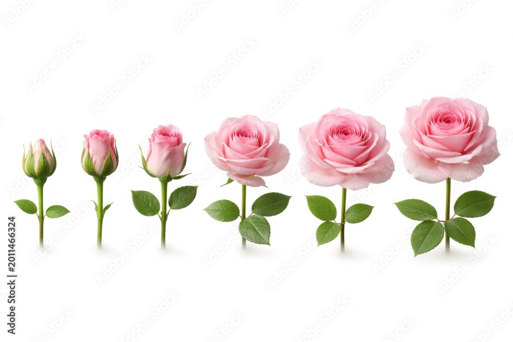 Fototapeta premium Sequential flowering stages of a rose against a clean white background