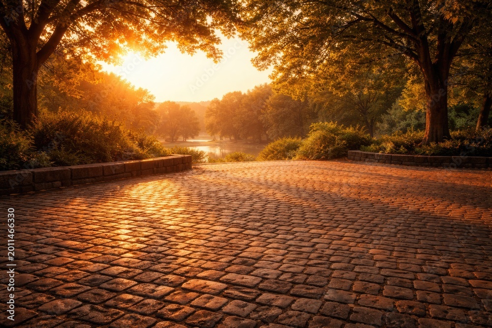 Obraz premium Clear cobblestone area bathed in soft golden sunset rays