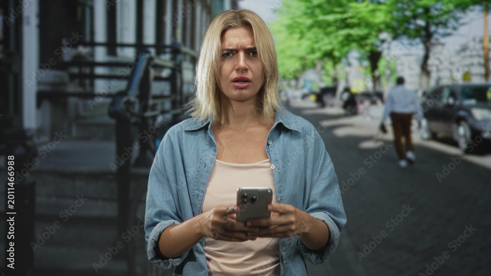 Fototapeta premium Woman holding smartphone with hands, typing and frowning while looking at the screen on a street in the city; concern.