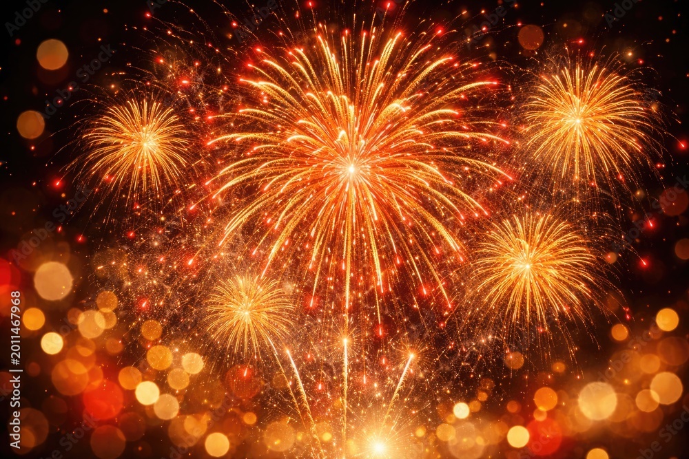 Fototapeta premium Vivid golden fireworks explode with red sparks on a radiant bokeh backdrop