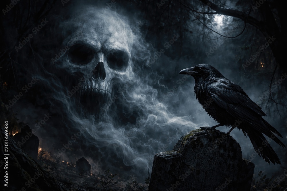 Fototapeta premium sinister Halloween dark backdrop with a ghostly fog skull alongside a raven