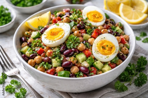 Mixed bean salad with hard boiled egg halves and fresh herbs in lemon garnished bowls