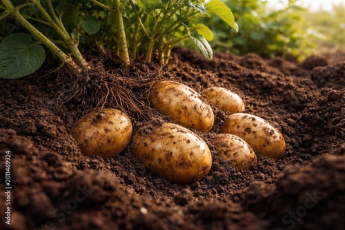 Healthy potatoes maturing well in nutrient rich soil for natural food dishes