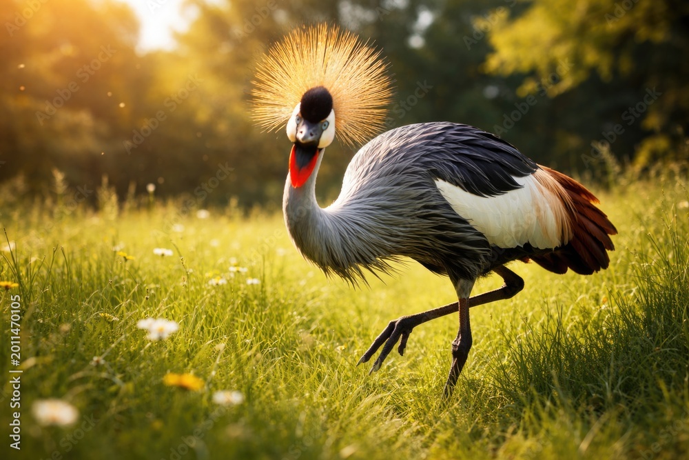 Fototapeta premium Playful gray crowned crane exploring wide green grass field on warm summer day