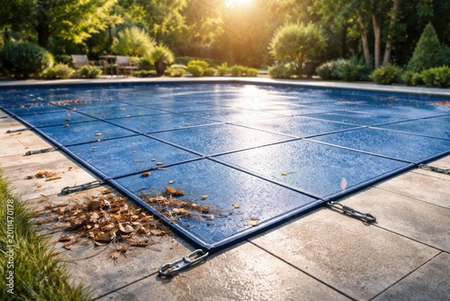 Pool safety cover including copy space for debris defense and temperature maintenance