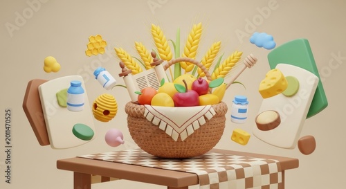 Shavuot holiday illustration with festive basket of fruits, dairy, and wheat