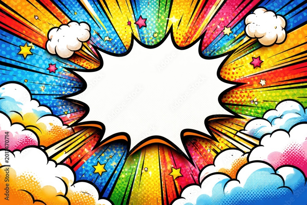 Fototapeta premium Vibrant colorful pop art backdrop with comic speech bubble and blank space for custom messages in dynamic clouds
