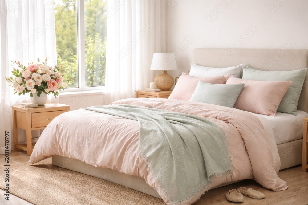Fototapeta premium Calm and bright bedroom setup with pastel colored bedding and fresh flowers on bedside table enhancing sleep