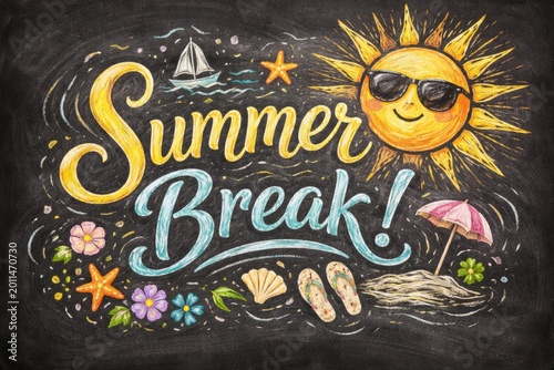 Handwritten summer break text accompanied by sun image on chalkboard