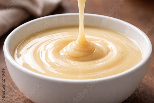 White ceramic bowl holding smooth condensed milk dripping