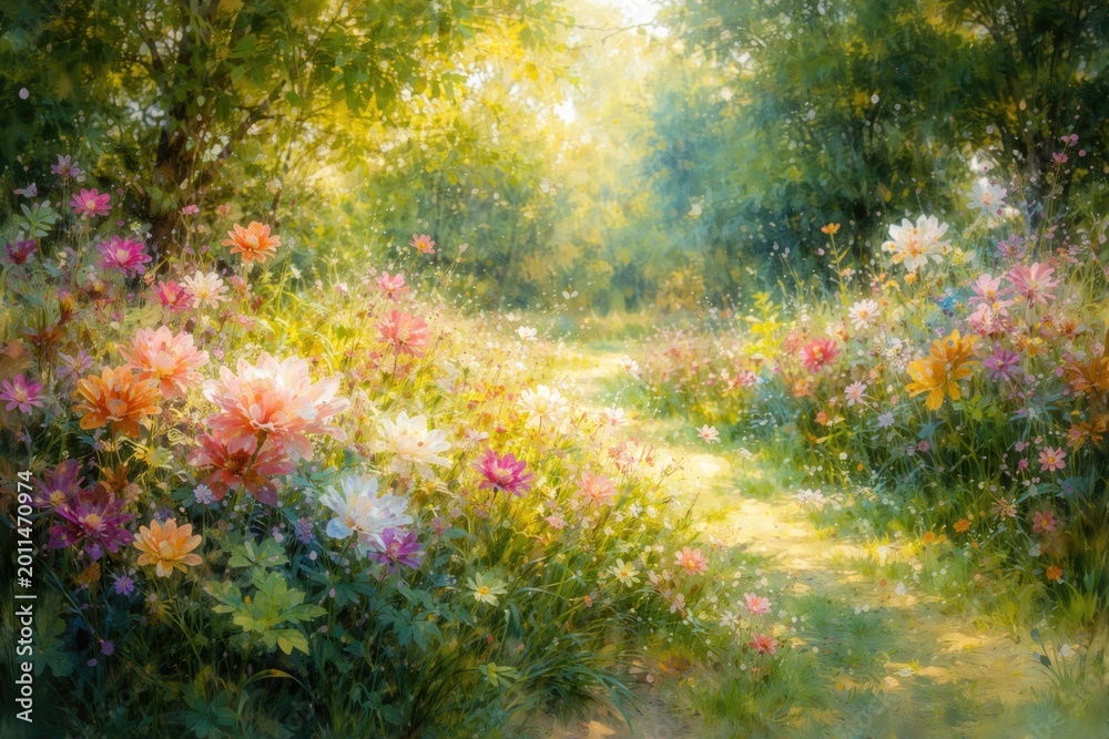 Obraz premium Serene background with an abstract floral art piece capturing lush greenery and colorful summer blossoms