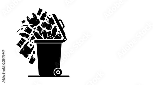 Photos Black silhouette icon of a trash can overflowing with garbage.