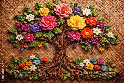 Vivid handmade crochet flowers with tree motif on detailed basketry texture background expressing Thai artistry
