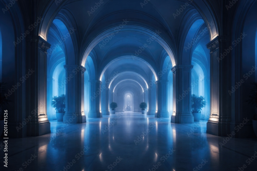 Fototapeta premium Illuminated architectural area with arches and a calm blue atmosphere