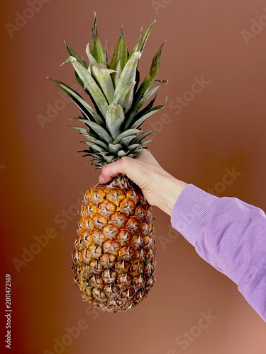 Hand holding a ripe pineapple against a warm brown background