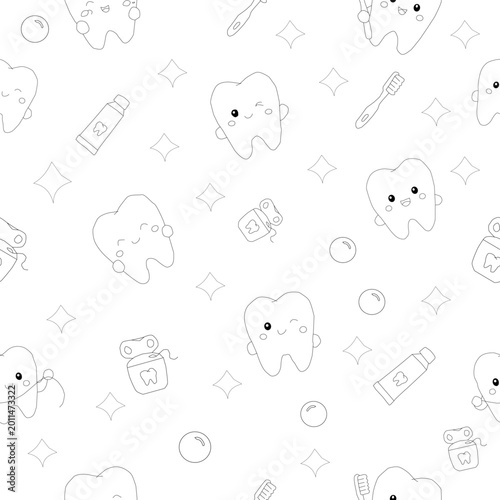 Kids dental seamless pattern for clinic background. clean friendly tooth character. pediatric dental wallpaper. oral care kids design. toothbrush toothpaste floss minimal medical illustration.