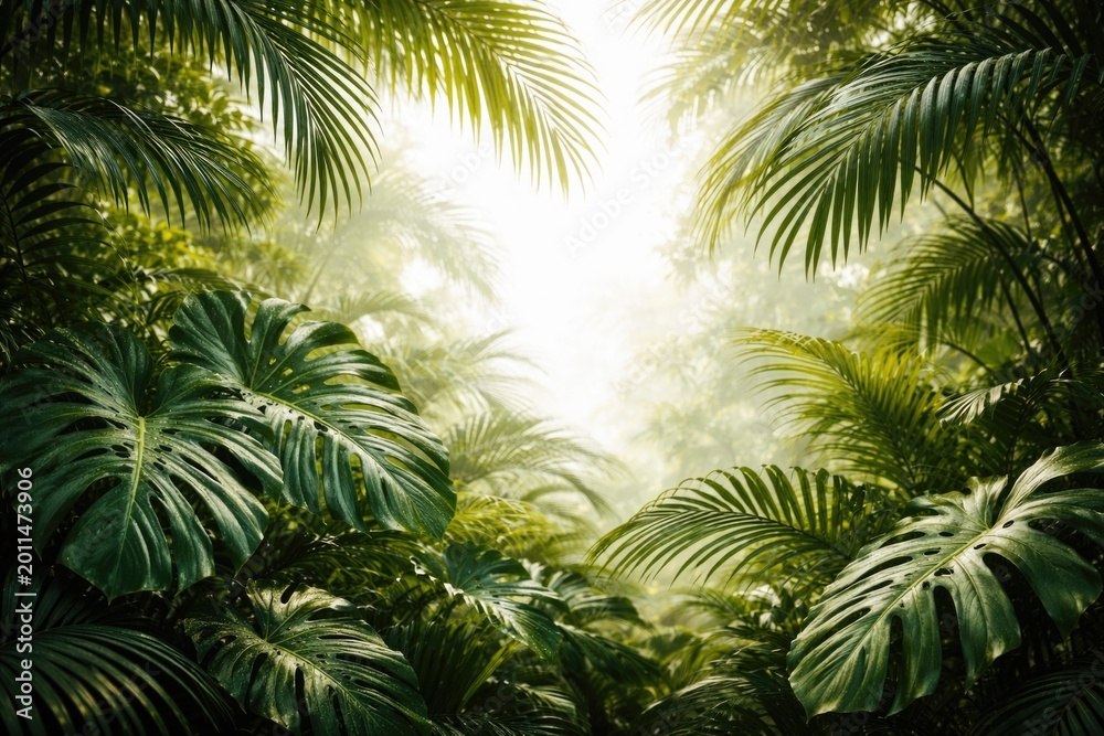 Fototapeta premium Exotic jungle scenery showcasing palm leaves and monstera foliage with white background texture