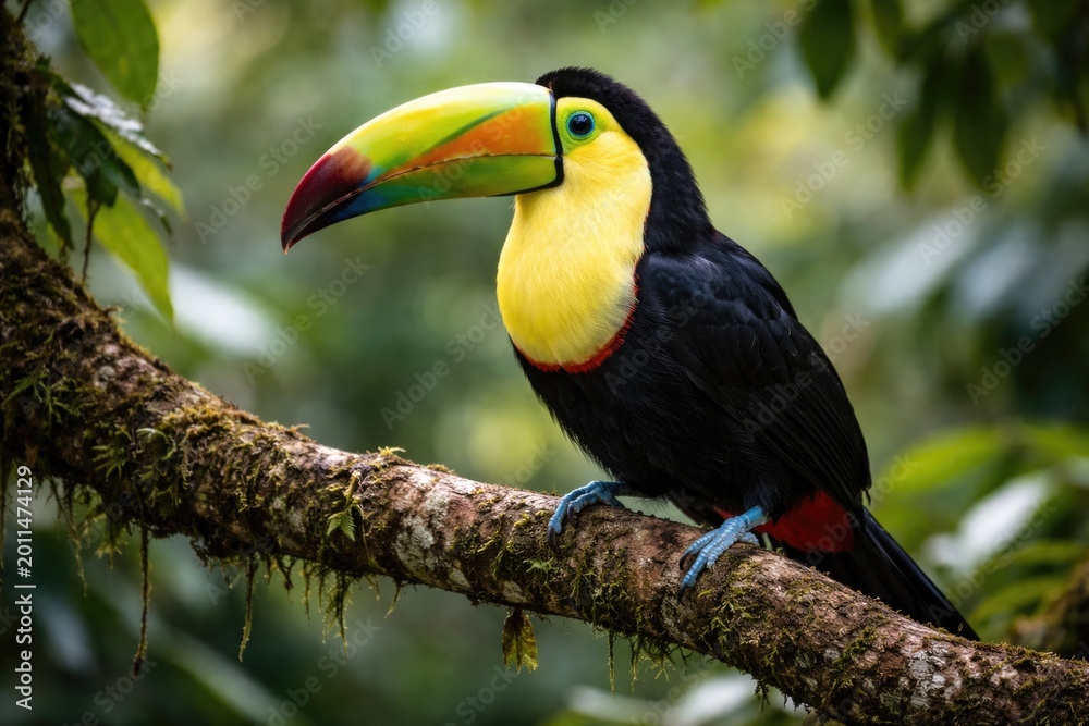 Fototapeta premium Striking toucan with prominent yellow throat sitting on tree limb
