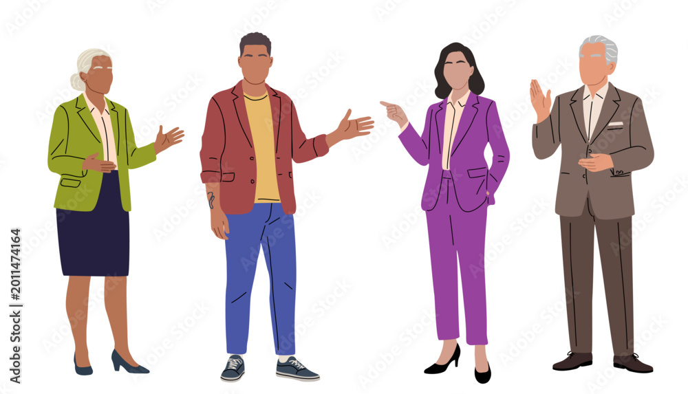Fototapeta premium Set of diverse professionals gesturing confidently, conveying collaboration. Their expressions suggest enthusiasm and engagement. Ideal for business meetings or team discussions