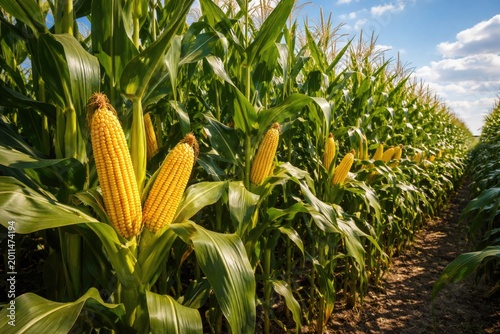 Healthy maize crop reaching full height with plump starchy seeds in summer