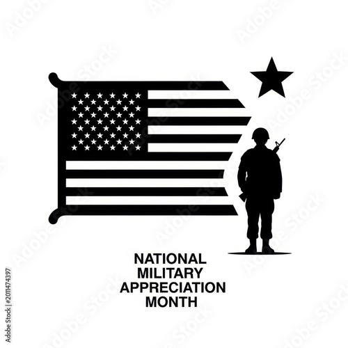 Silhouette of soldier with rifle against American flag for National Military Appreciation Month