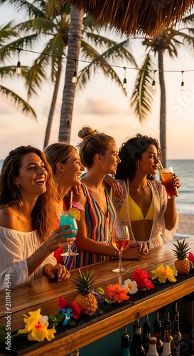 Happy Young Women Enjoying Tropical Cocktails at Beach Bar During Sunset
