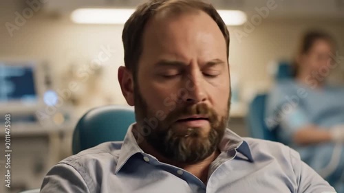 Stressed Bearded Man with Sweaty Forehead Looking Around in Medical Office with Patient in Background