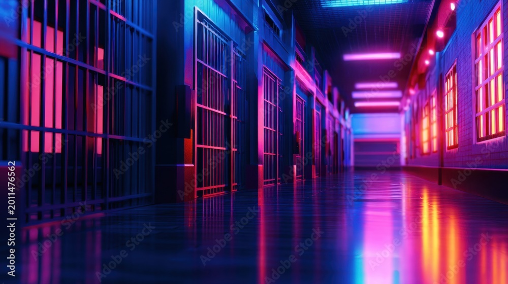 Fototapeta premium A futuristic prison corridor illuminated by vibrant neon lights casting reflections