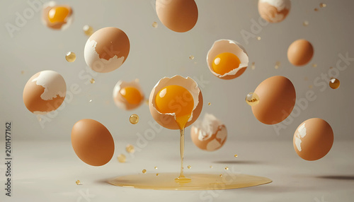 Brown eggs and yolks floating in air with splashes on surface