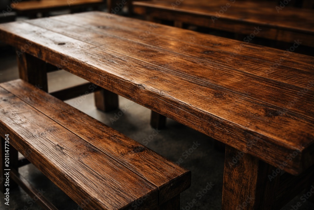 Fototapeta premium Close perspective on a textured brown wooden table and bench seating