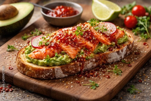 Wholesome salmon avocado toast featuring chili jam on natural wood board