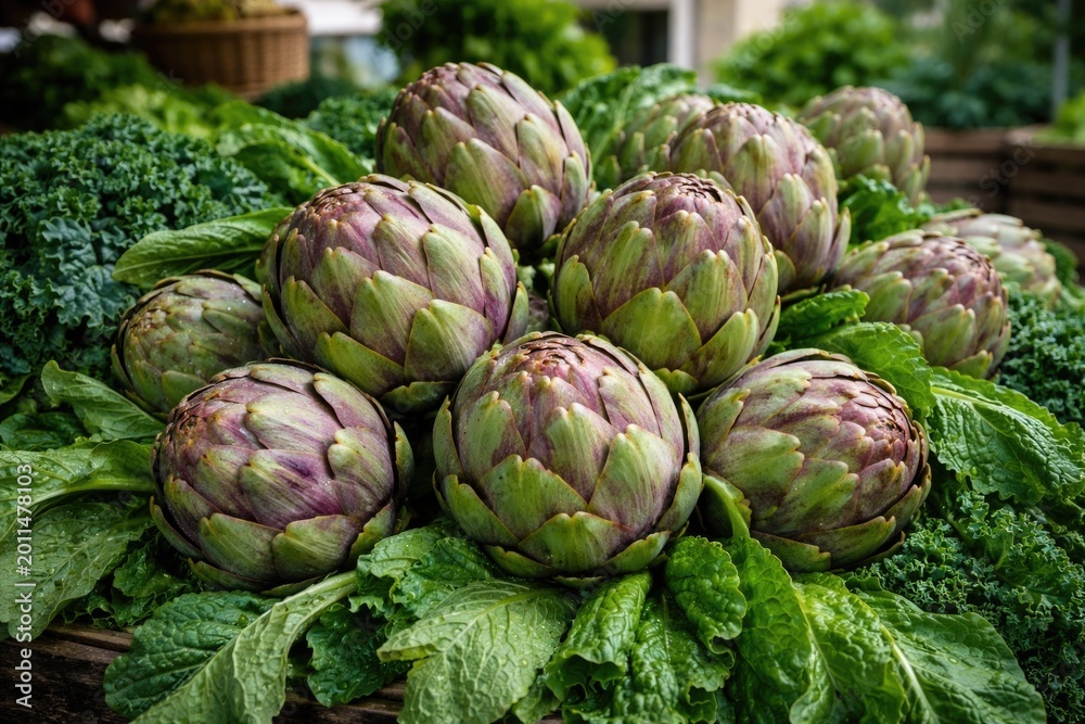 Fototapeta premium Vibrant globe artichokes nestled among leafy greens at an organic market stand
