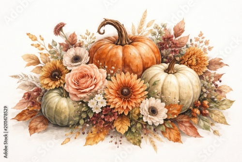 detailed flowers and pumpkins artwork displayed on a plain white surface